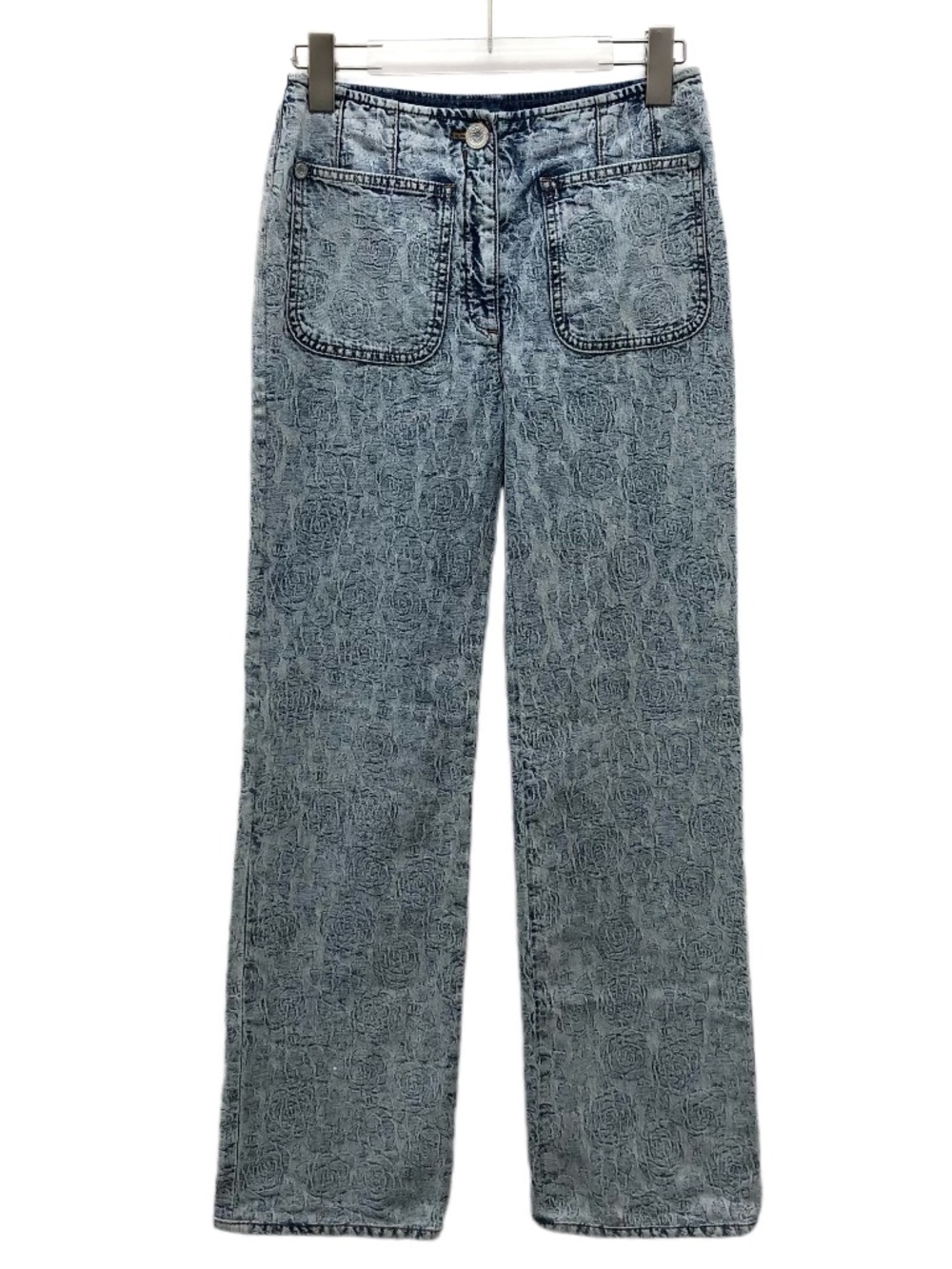 Chanel Blue Camellia All-Over Print Cotton Denim Pants
